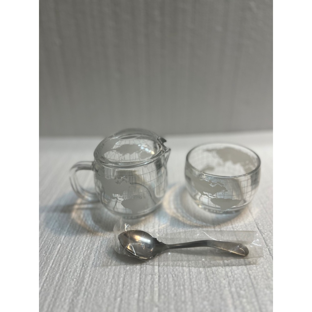 Nestle‎ Globe Creamer Pitcher Bowl Spoon Set Glass World Map Dessert Drinkware